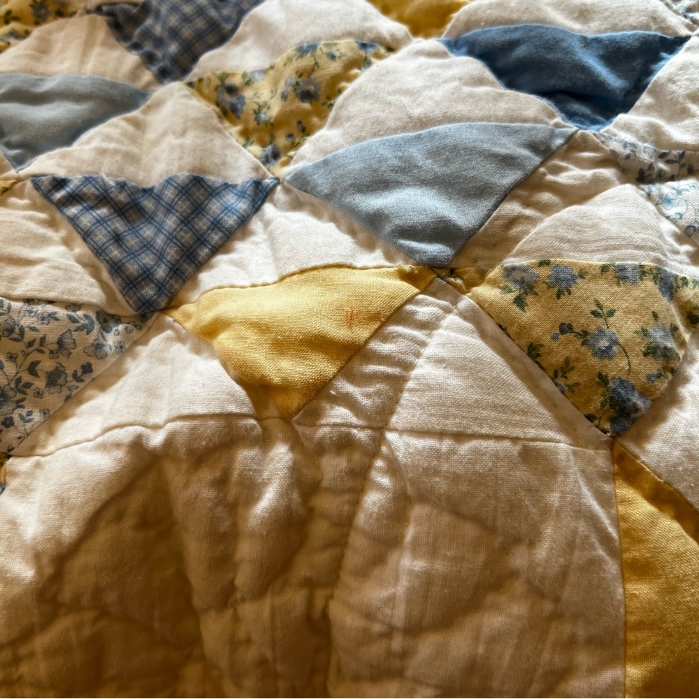 Quilted Patchwork Bomber Jacket - Cream with Blue… - image 8